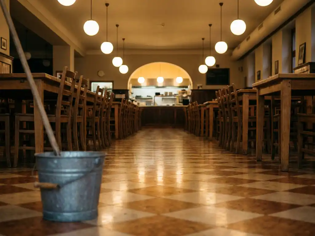 Leerer Restaurantsaal mit aufgestapelten Stühlen, blanken Holztischen und glänzendem Fliesenboden im warmen Licht.