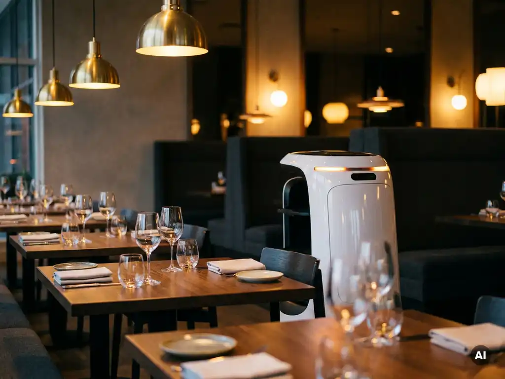 Weißer Lieferroboter gleitet autonom durch ein modern eingerichtetes Restaurant mit Holztischen und warmem Ambiente.