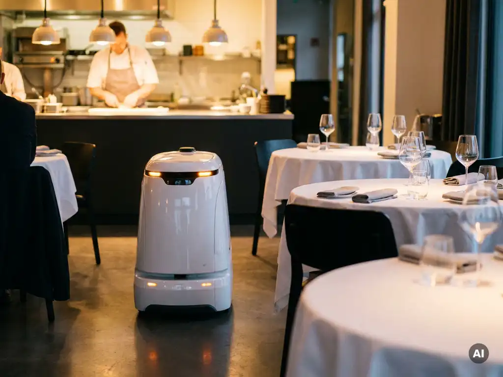Weißer Lieferroboter navigiert durch ein modernes Restaurant mit gedeckten Tischen, Weingläsern und einem Koch im Hintergrund.