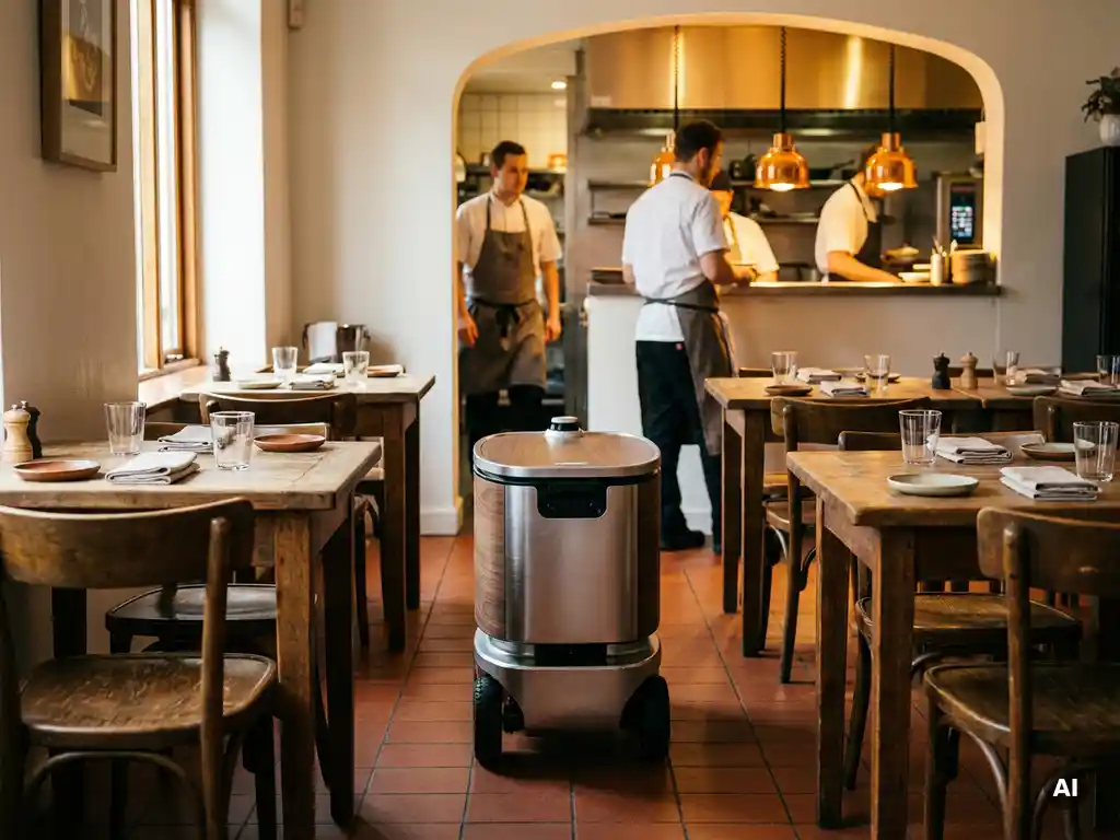 Kompakter Lieferroboter navigiert zwischen Restauranttischen in einem gemütlichen Bistro mit warmem Küchenlicht im Hintergrund.