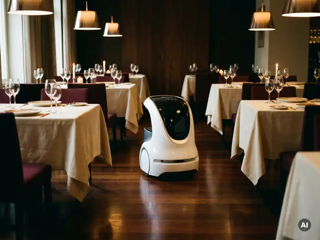 Weißer Lieferroboter navigiert zwischen gedeckten Restauranttischen mit Weingläsern in elegantem Ambiente.