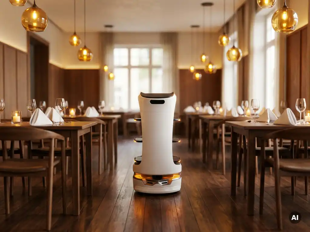 Weißer Lieferroboter navigiert zwischen gedeckten Restauranttischen mit Weingläsern, warme Pendelleuchten beleuchten Parkettboden.