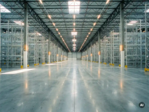 Weitläufiges, leeres Logistiklager mit polierten Betonböden, hohen Regalen und hellem Industrielicht durch Oberlichter.