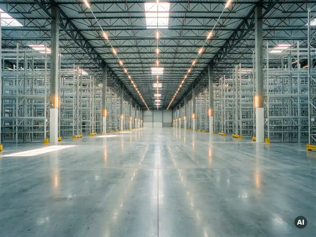 Weitläufiges, leeres Logistiklager mit polierten Betonböden, hohen Regalen und hellem Industrielicht durch Oberlichter.