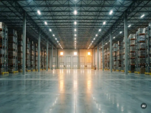 Leeres Logistikzentrum mit Betonboden, hohen Metallregalen und industrieller Deckenbeleuchtung in Kühllageroptik.