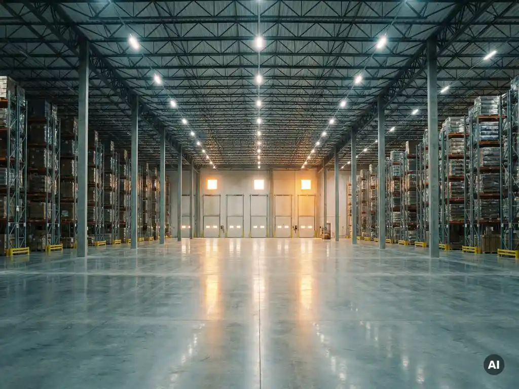 Leeres Logistikzentrum mit Betonboden, hohen Metallregalen und industrieller Deckenbeleuchtung in Kühllageroptik.