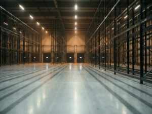 Leeres Logistikzentrum mit polierten Betonböden, hohen Metallregalen und industrieller Fluoreszenzbeleuchtung in kühlen Stahltönen.