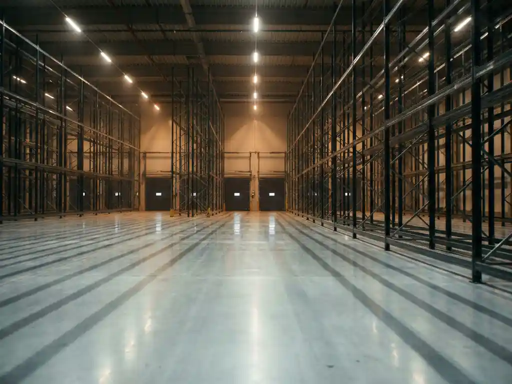 Leeres Logistikzentrum mit polierten Betonböden, hohen Metallregalen und industrieller Fluoreszenzbeleuchtung in kühlen Stahltönen.