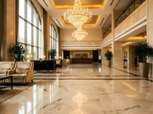 Weitläufige Hotellobby mit poliertem Marmorböden, goldenem Kronleuchter und deckenhohen Fenstern in Creme- und Champagnertönen.