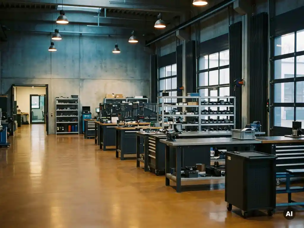 Moderner Industrieservice-Workshop in NRW mit Epoxidboden, Werkbänken und Präzisionswerkzeugen unter warmem Deckenlicht.