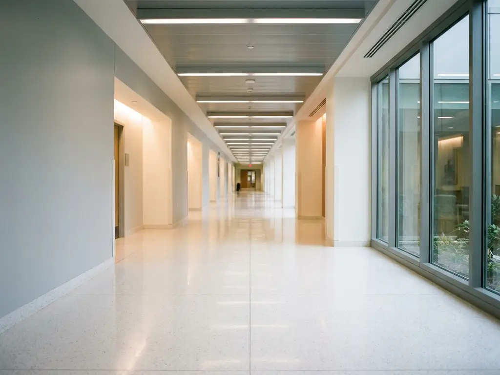 Leerer Krankenhausflur mit glänzendem weißem Boden, der Neonlicht reflektiert, und sich in die Tiefe erstreckenden klinischen Wänden.
