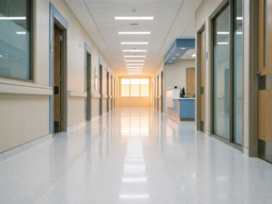 Moderner Krankenhausflur mit polierten weißen Böden, Neonbeleuchtung und blassen Wänden, die in einem hellen Fluchtpunkt enden.