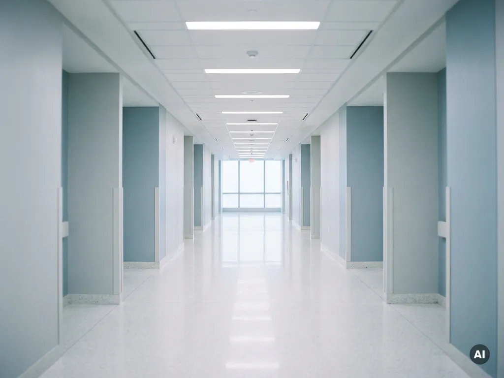 Leerer moderner Krankenhausflur mit glänzendem weißen Boden, kühlen Grau- und Blautönen und hellem Deckenlicht.