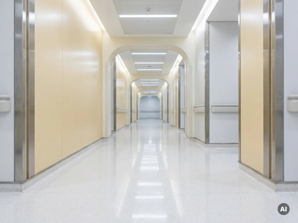Leerer moderner Krankenhausflur mit glänzendem weißen Boden und gleichmäßiger Deckenbeleuchtung in kühlem Weiß und warmem Elfenbein.