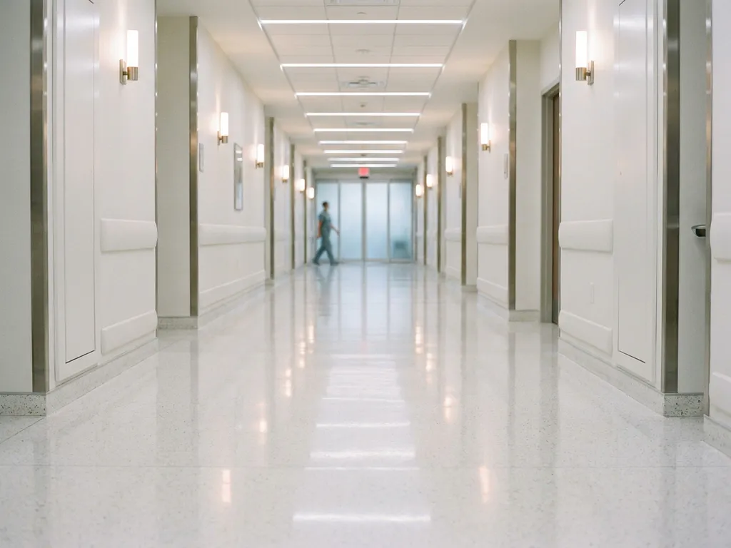 Weitläufiger Krankenhausflur mit glänzendem weißen Boden, der Neonlicht reflektiert, und modernen klinischen Wänden in kühlen Grautönen.