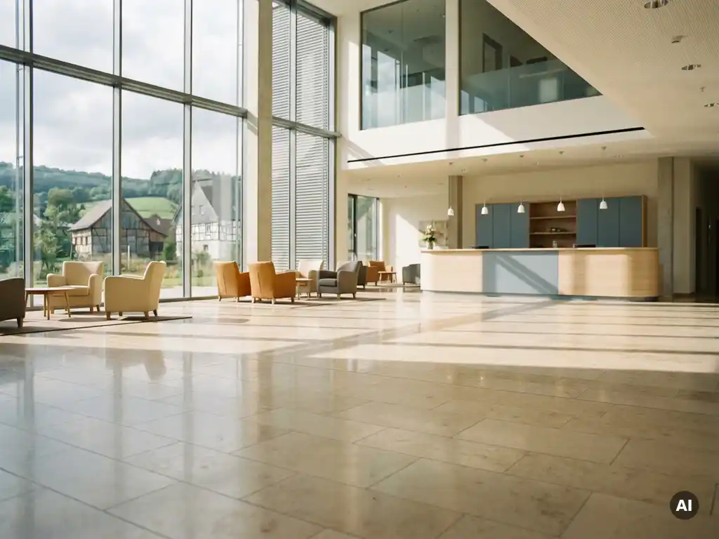 Weitläufige Lobby eines modernen Bürogebäudes in Siegerland mit polierten Steinböden, Glasfassade und Empfangstheke im Hintergrund.