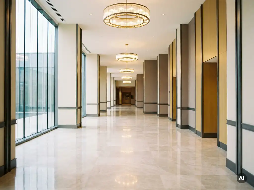 Leere moderne Hotellobby mit Marmorböden, Glasfronten und warmem Tageslicht in Creme- und Goldtönen.