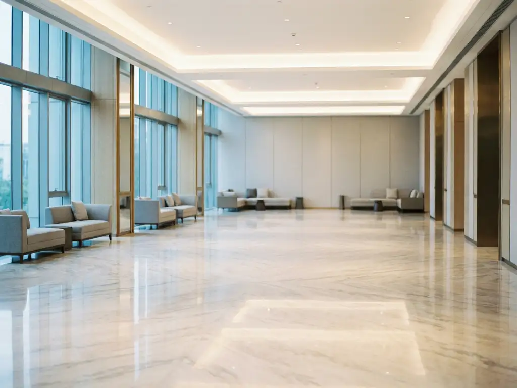 Leere moderne Hotellobby mit poliertem Marmorboden, raumhohen Glasfenstern und minimalistischen Möbeln in Elfenbein- und Champagnertönen.