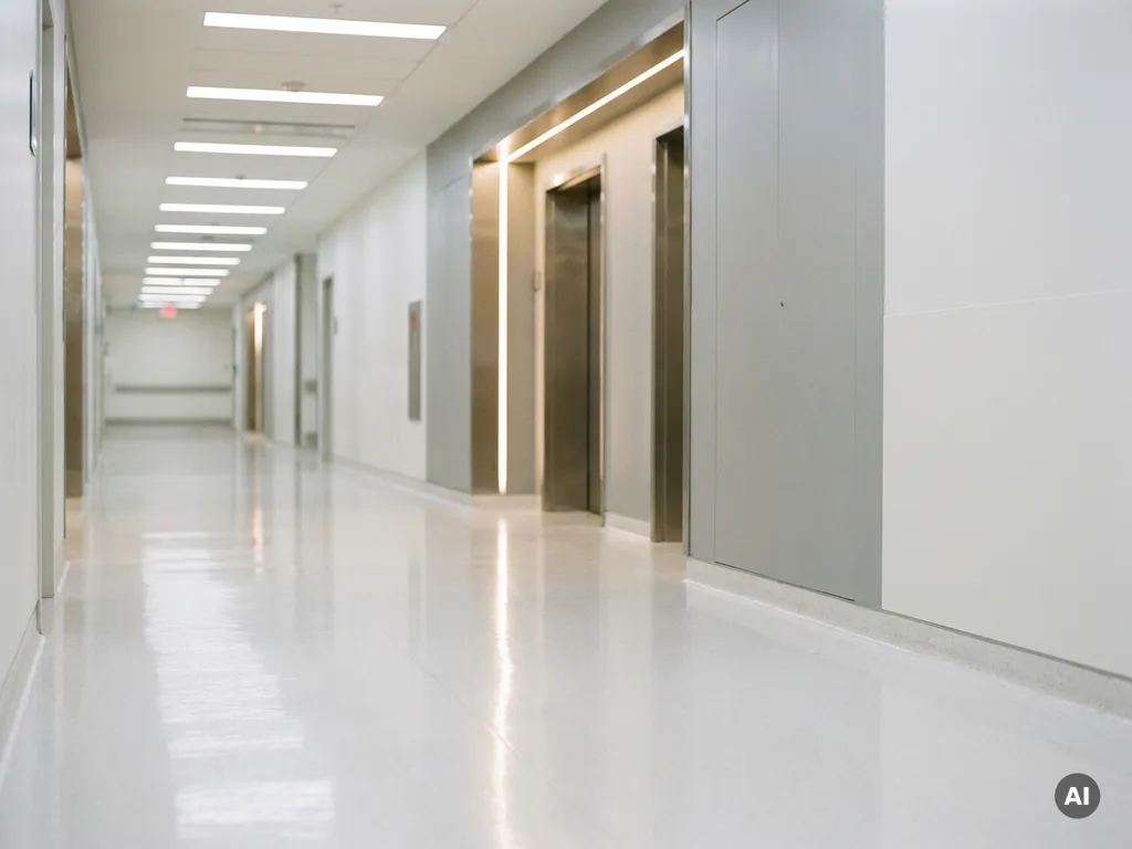 Leerer Krankenhausflur mit glänzendem weißem Boden und sterilen Wänden unter kühlem Deckenlicht.