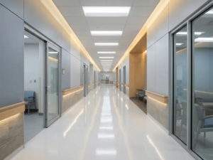 Leerer moderner Krankenhausflur mit poliertem Epoxidboden, der Neonlicht reflektiert, in kühlen Weiß- und Grautönen.