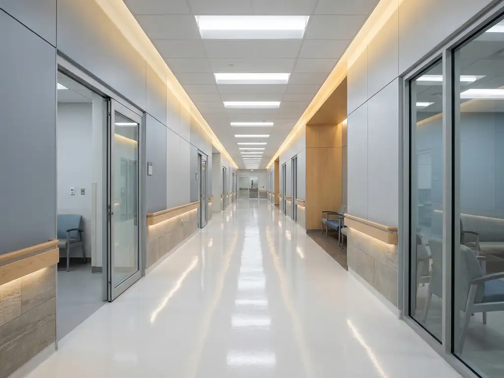 Leerer moderner Krankenhausflur mit poliertem Epoxidboden, der Neonlicht reflektiert, in kühlen Weiß- und Grautönen.