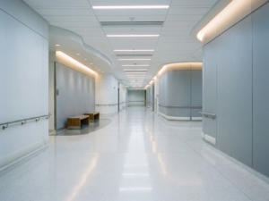 Leerer moderner Krankenhausflur mit glänzendem weißen Boden, Fluchtpunkt-Perspektive und klinisch weißen Wänden.