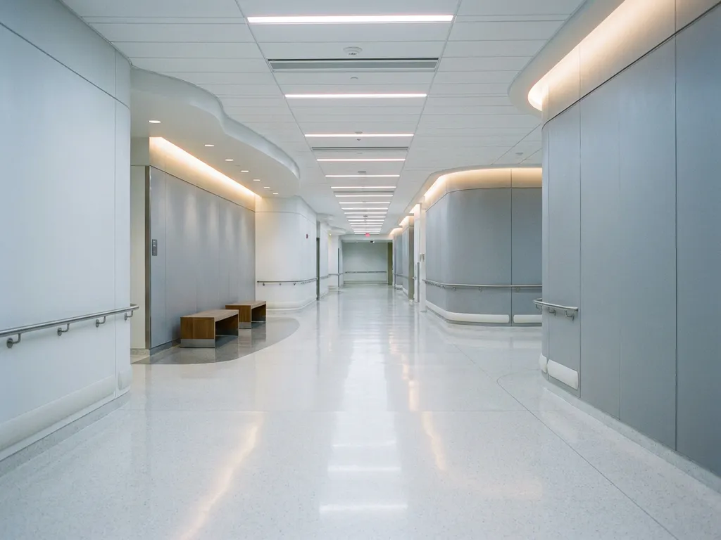 Leerer moderner Krankenhausflur mit glänzendem weißen Boden, Fluchtpunkt-Perspektive und klinisch weißen Wänden.