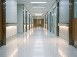 Leerer Krankenhausflur mit glänzendem weißem Boden und Neonbeleuchtung, die sich in der Tiefe des modernen Klinikgebäudes verliert.
