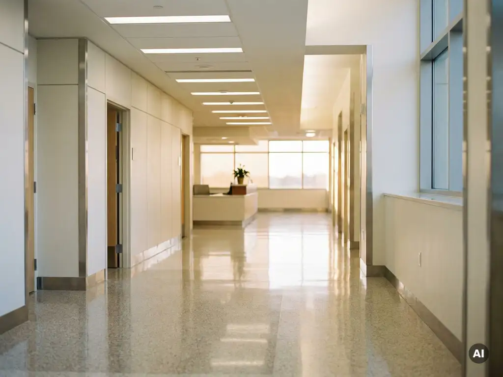 Leerer moderner Krankenhausflur mit glänzendem weißen Boden und fluoreszierender Deckenbeleuchtung in klinischer Atmosphäre.