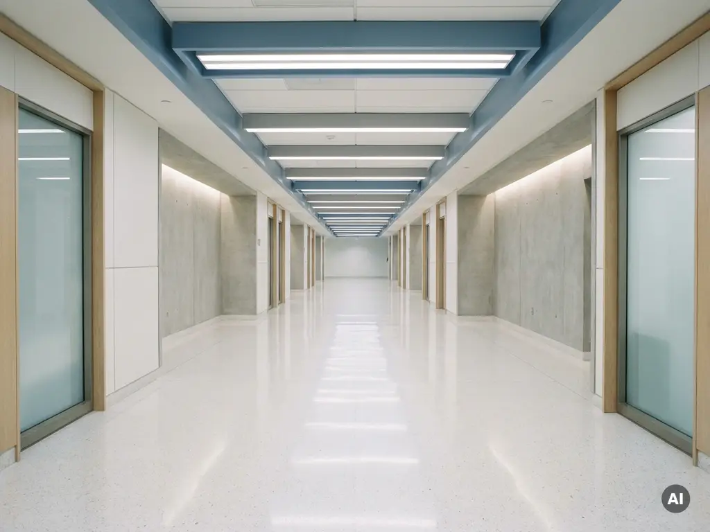 Leerer moderner Krankenhausflur mit glänzendem weißem Boden und fluoreszierender Deckenbeleuchtung in klinischer Atmosphäre.