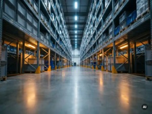 Moderner Lagerhauskorridor mit Betonboden, hohen Metallregalen und blau-weißer Industriebeleuchtung in fluchtpunktperspektivischer Ansicht.