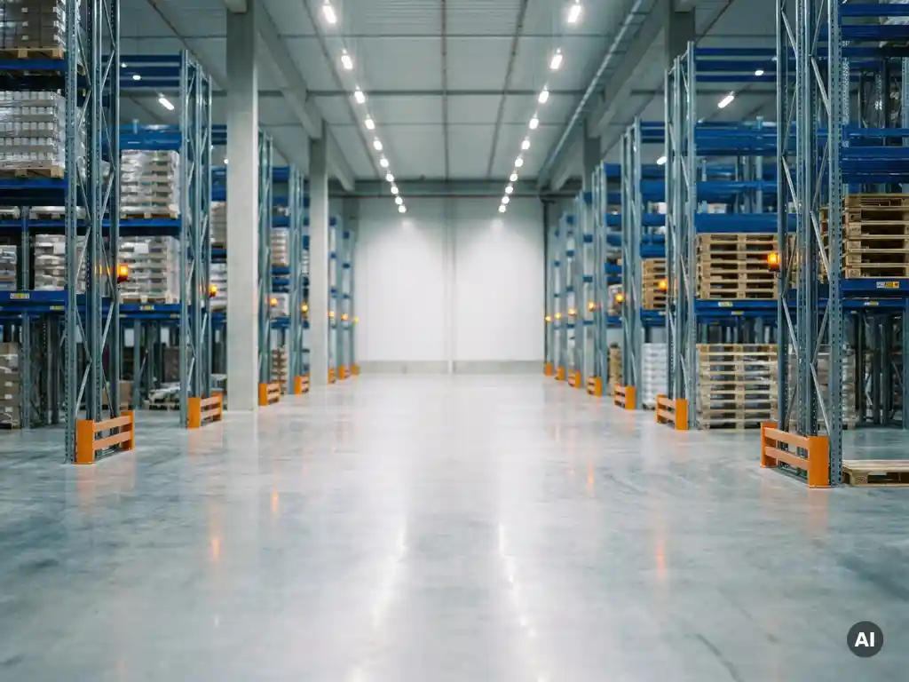 Modernes Logistiklager mit polierten Betonböden, hohen Metallregalen und heller LED-Beleuchtung in kühlen Grau- und Stahblautönen.