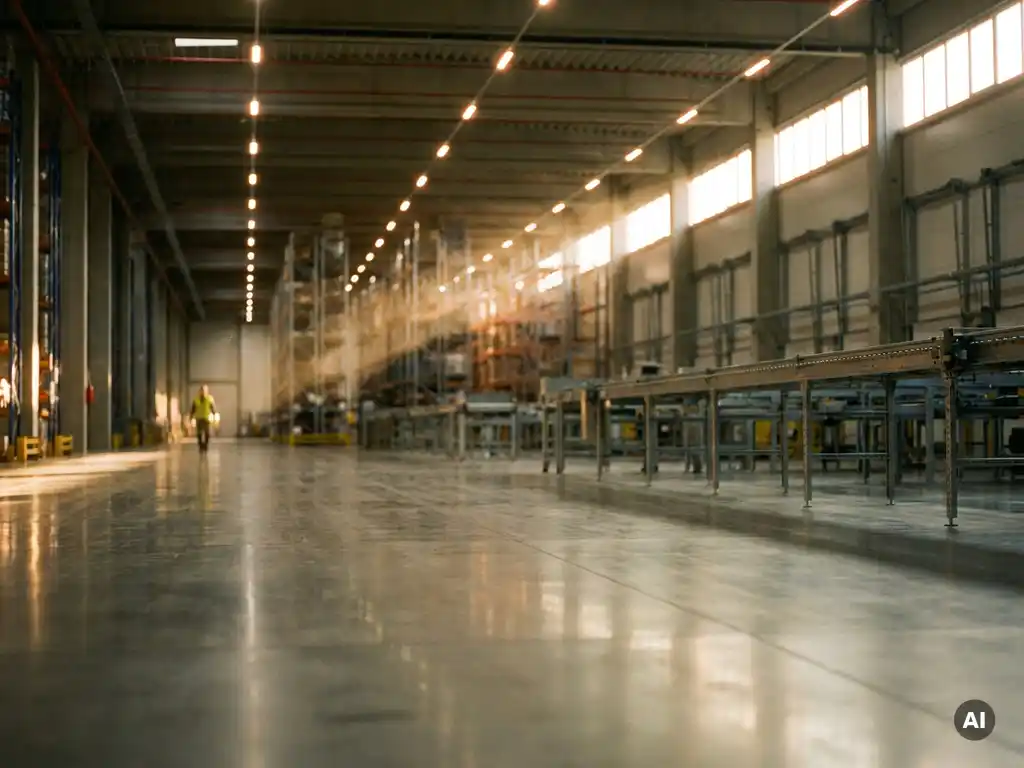 Weitläufiges modernes Logistikzentrum mit poliertem Betonboden, warmem Industrielicht und Stahlregalen im Hintergrund.
