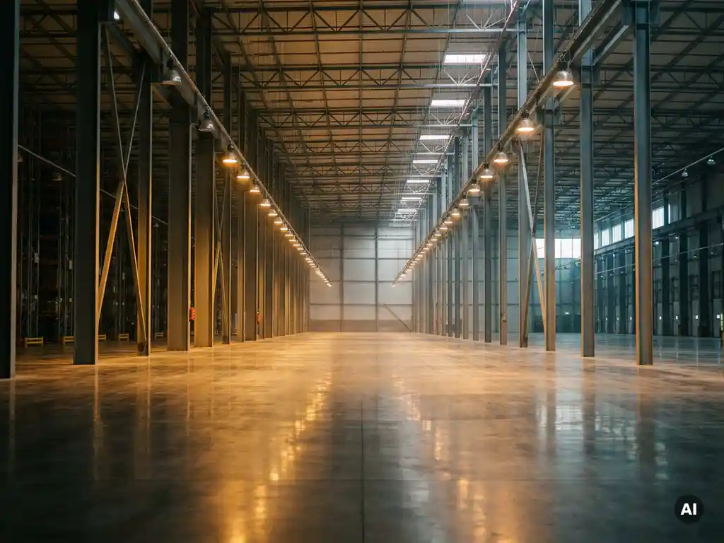 Weitläufiges modernes Logistikzentrum mit Stahlstützen, Betonboden und warmem Industrielicht in langen leeren Gängen.