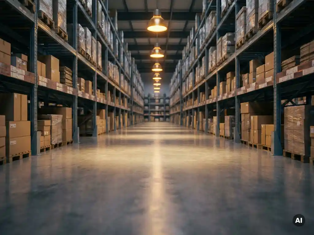 Weitläufiges modernes Logistikzentrum mit Betonboden, hohen Metallregalen und warmem Industrielicht in Gold- und Grautönen.