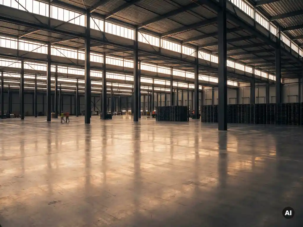 Weitläufiges Logistikzentrum in Nordrhein-Westfalen mit poliertem Betonboden, Stahlstützen und warmem Tageslicht durch Oberlichtfenster.