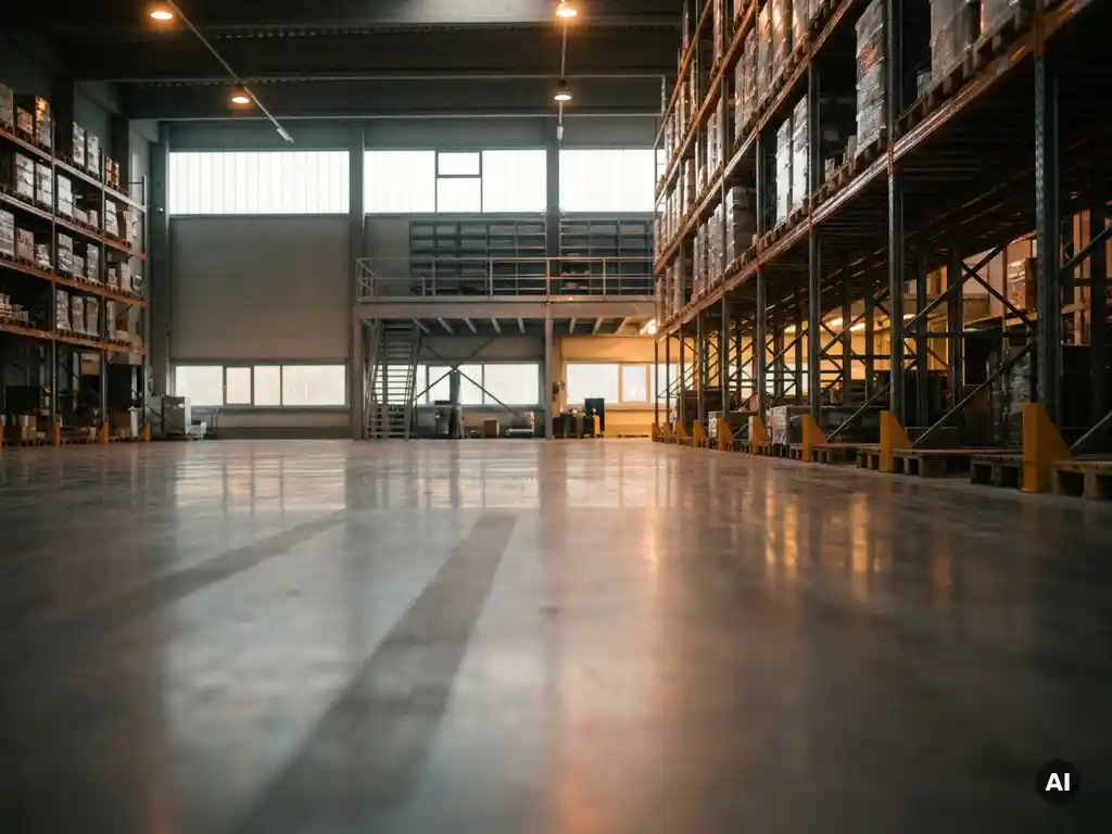 Modernes Logistikzentrum im Sauerland mit weitem Betonboden, Hochregallagern und Stahlmezzaninen im warmen Industrielicht.