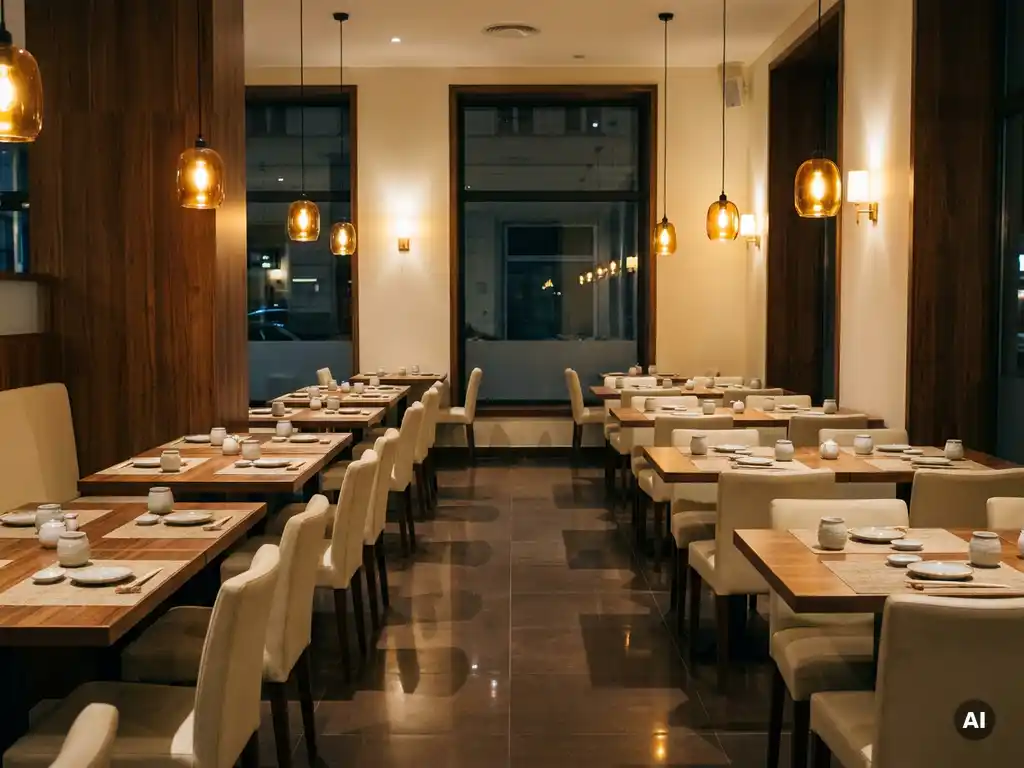 Leeres, modernes Restaurant mit warm beleuchteten Holztischen, cremefarbenen Wänden und Fliesenböden in Bernstein- und Erdtönen.