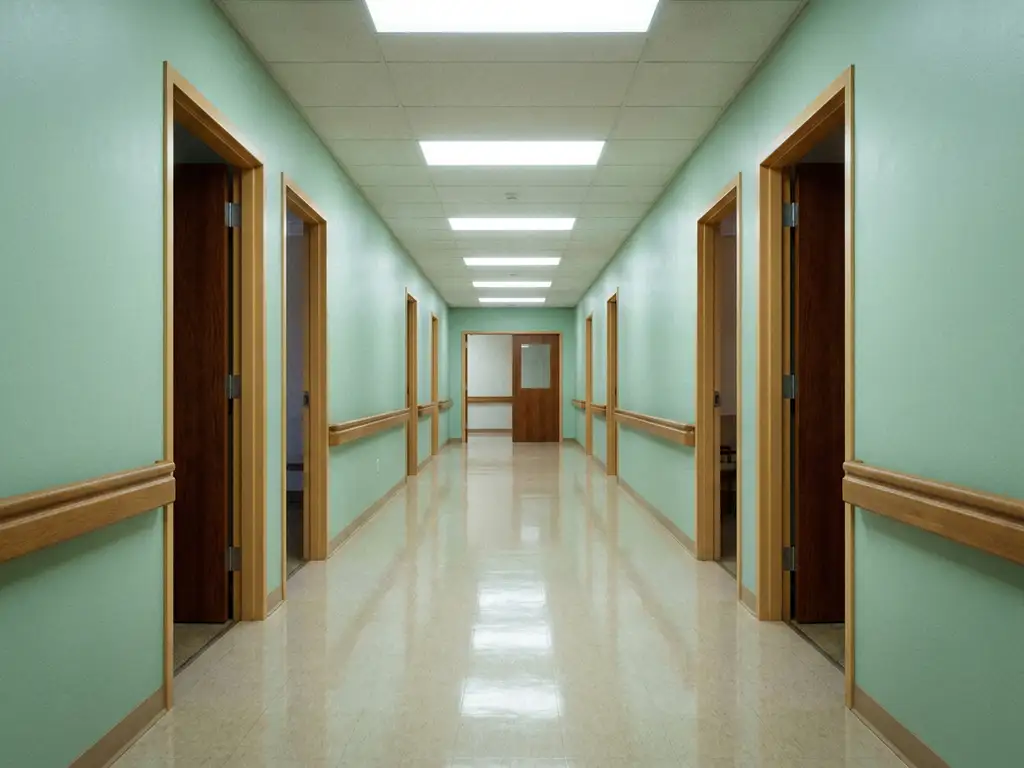 Leerer Pflegeheim-Korridor mit glänzendem Linoleumboden, mintgrünen Wänden, Handläufen und offenen Türen unter Neonlicht.