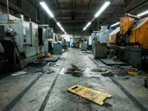 Schmutziger Produktionshallenboden mit Ölflecken, Metallspänen und umgefallenem gelbem Warnschild vor Industriemaschinen.