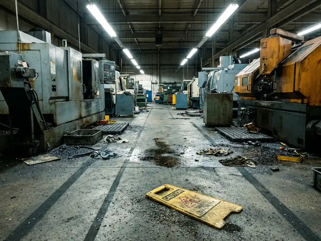 Schmutziger Produktionshallenboden mit Ölflecken, Metallspänen und umgefallenem gelbem Warnschild vor Industriemaschinen.