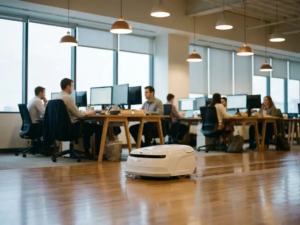 Weißer Reinigungsroboter fährt über den Boden eines modernen Großraumbüros, Mitarbeiter arbeiten ungestört im Hintergrund.
