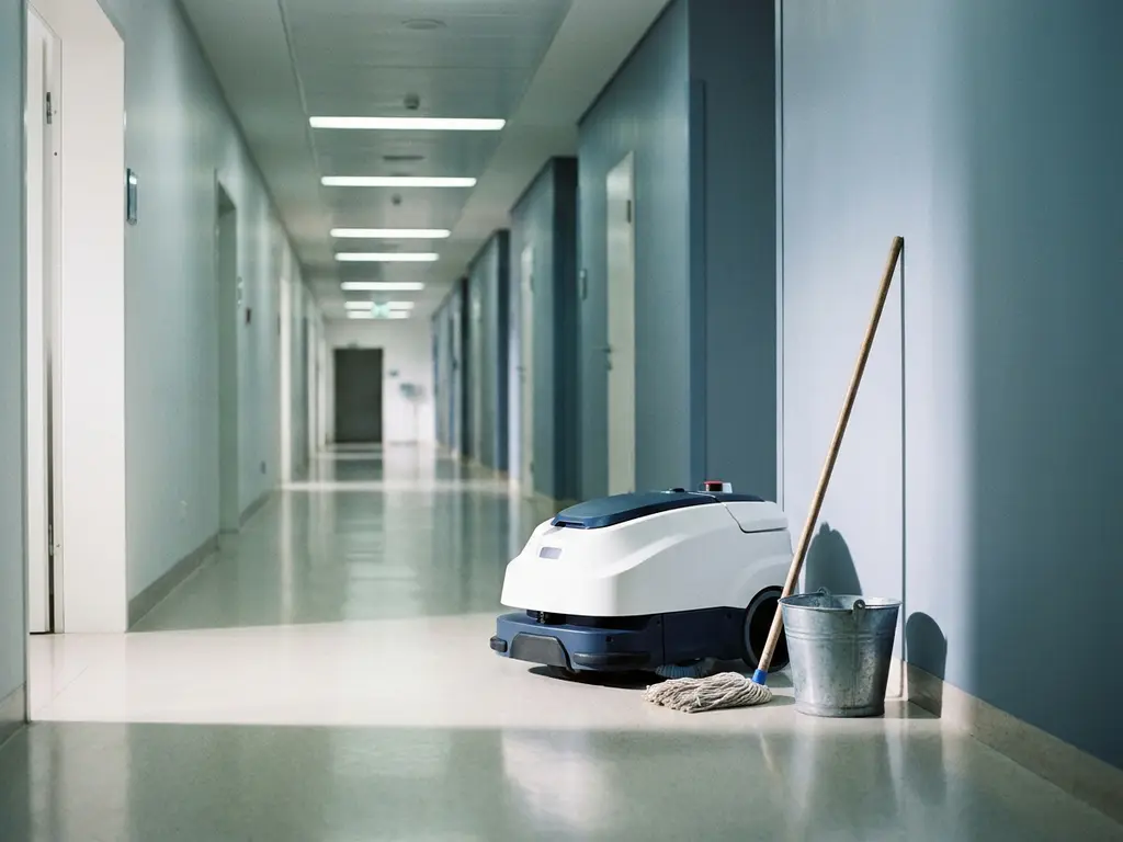 Weißer Reinigungsroboter neben Wischmopp und Eimer in einem leeren Krankenhausflur mit fluoreszierender Deckenbeleuchtung.
