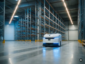 Weißer Reinigungsroboter fährt autonom über Betonboden eines großen Lagers mit hohen Metallregalen und LED-Beleuchtung.