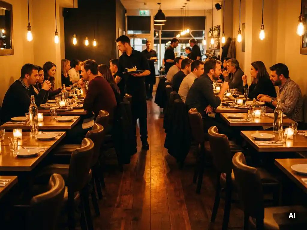 Enger Gang zwischen dicht gestellten Restauranttischen mit warmem Kerzenlicht und polierten Holzböden.