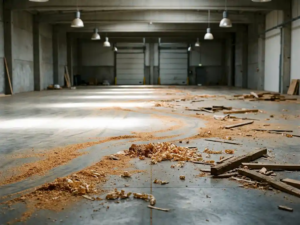 Sägemehl und Holzspäne auf Betonboden einer Lagerhalle mit Industriebeleuchtung und Laderampe im Hintergrund.
