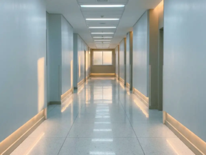 Leerer Krankenhausflur mit glänzenden weißen Bodenfliesen und Fluchtpunkt-Perspektive unter Neonlicht.