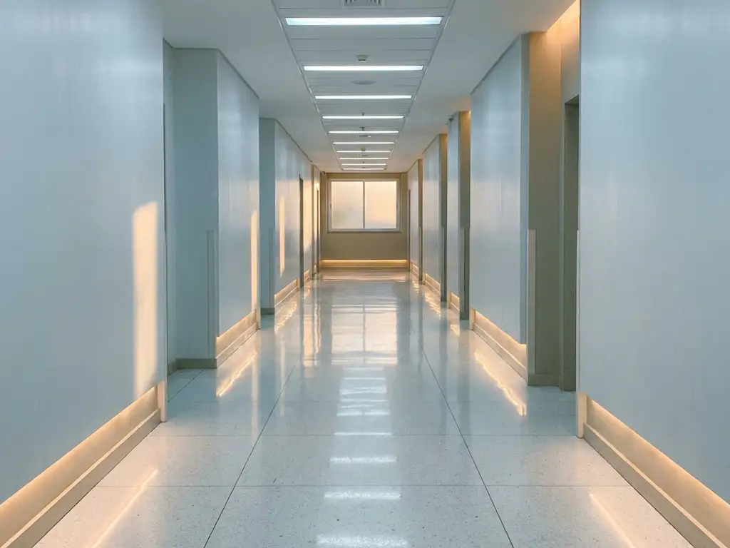 Leerer Krankenhausflur mit glänzenden weißen Bodenfliesen und Fluchtpunkt-Perspektive unter Neonlicht.