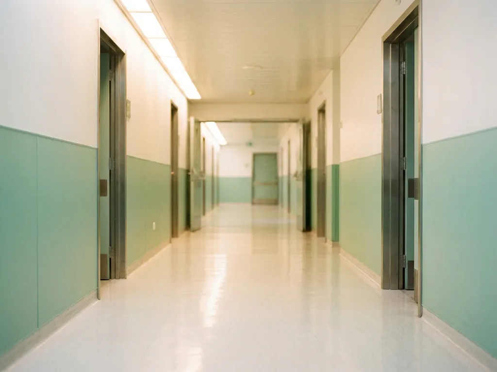 Leerer Krankenhausflur mit glänzendem weißem Boden, mintgrünen Wänden und fluoreszierender Deckenbeleuchtung in perspektivischer Tiefe.