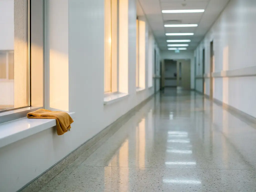 Gepflegter Krankenhausflur mit glänzendem Boden, goldenem Fensterlicht und gefaltetem Reinigungstuch auf weißer Fensterbank.